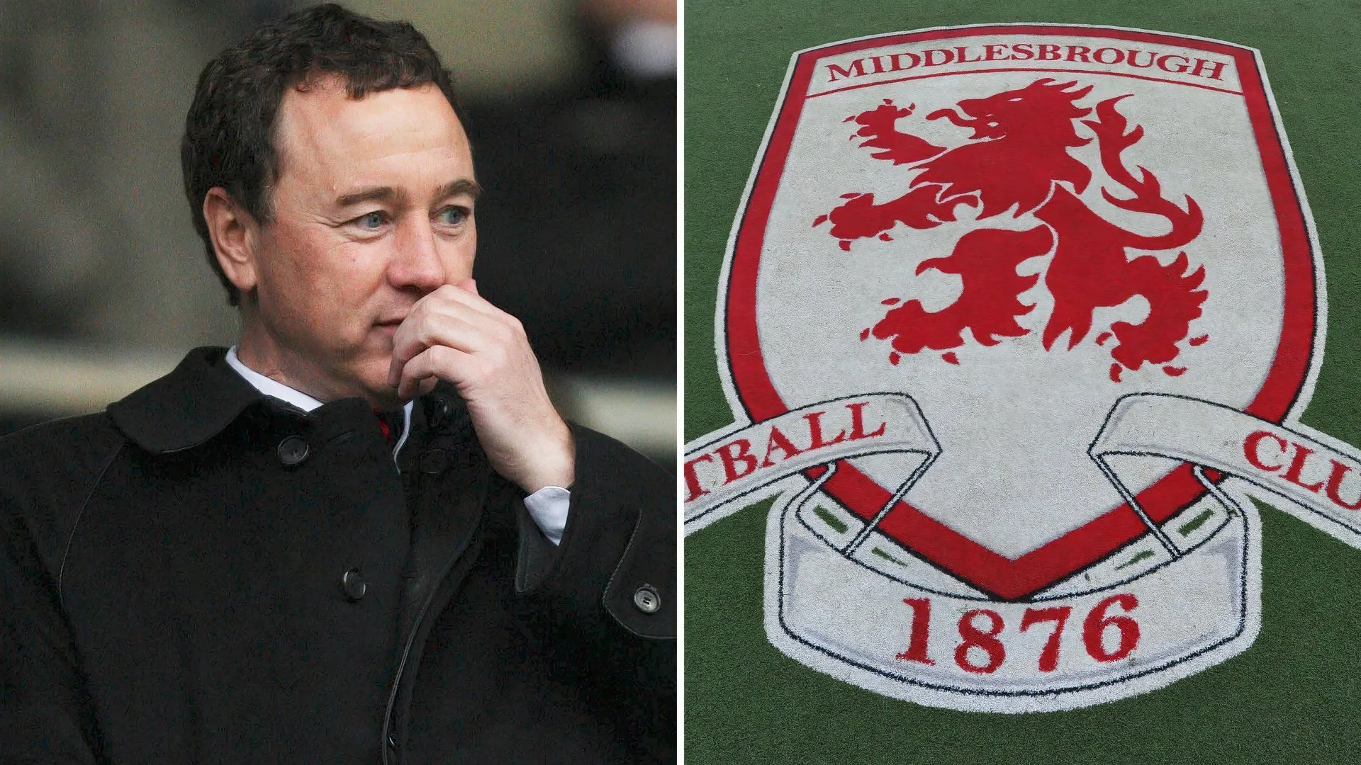 Chủ tịch Middlesbrough Steve Gibson và huy hiệu câu lạc bộ