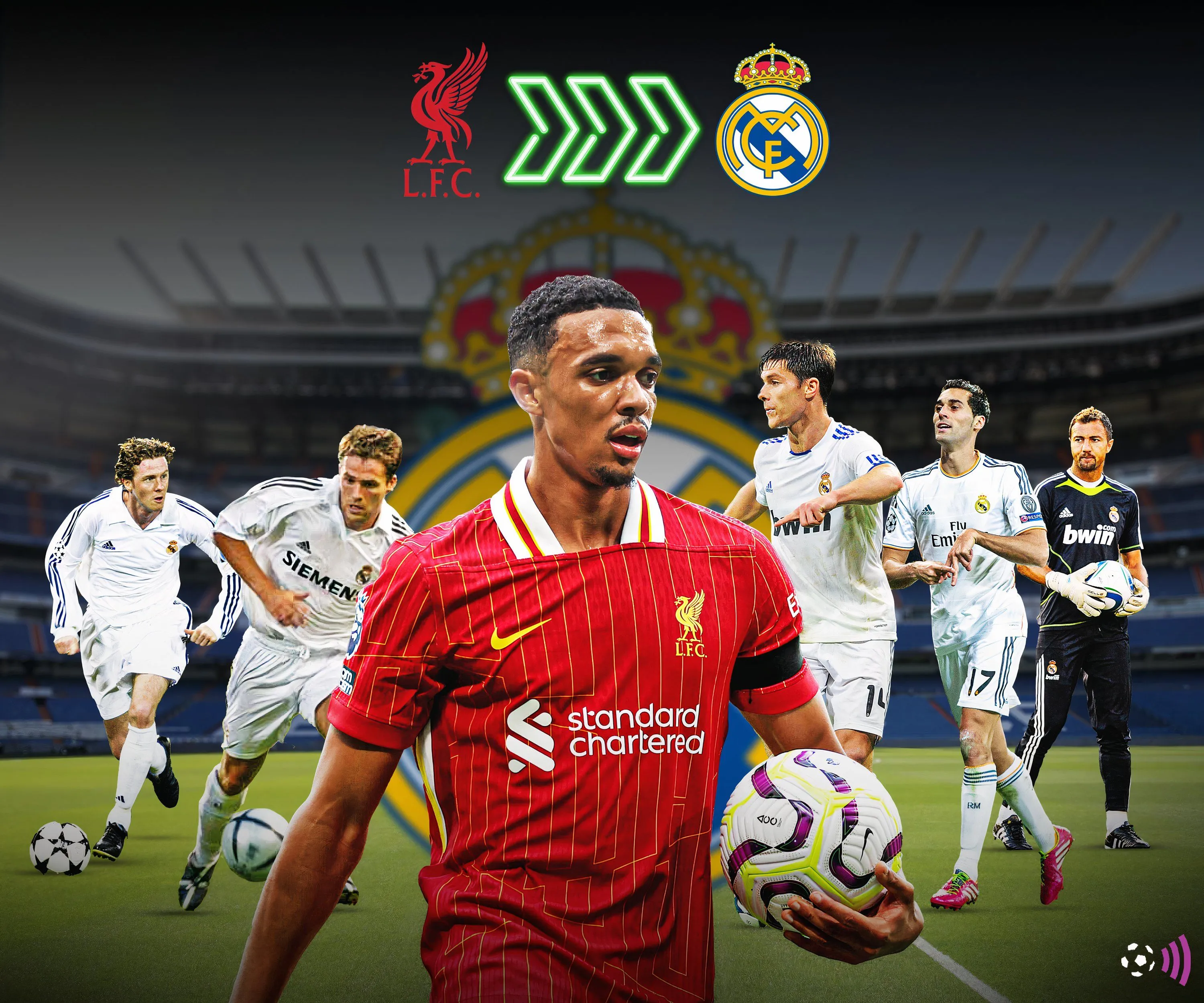 Trent Alexander-Arnold giữa biểu tượng của Liverpool và Real Madrid, gợi nhớ Owen, McManaman và Xabi Alonso