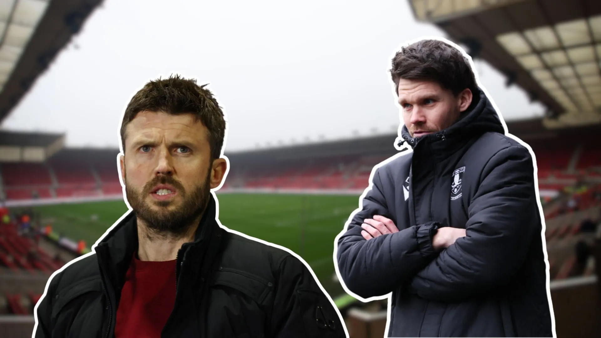 Michael Carrick (trái) và Danny Rohl (phải) trước sân vận động Riverside