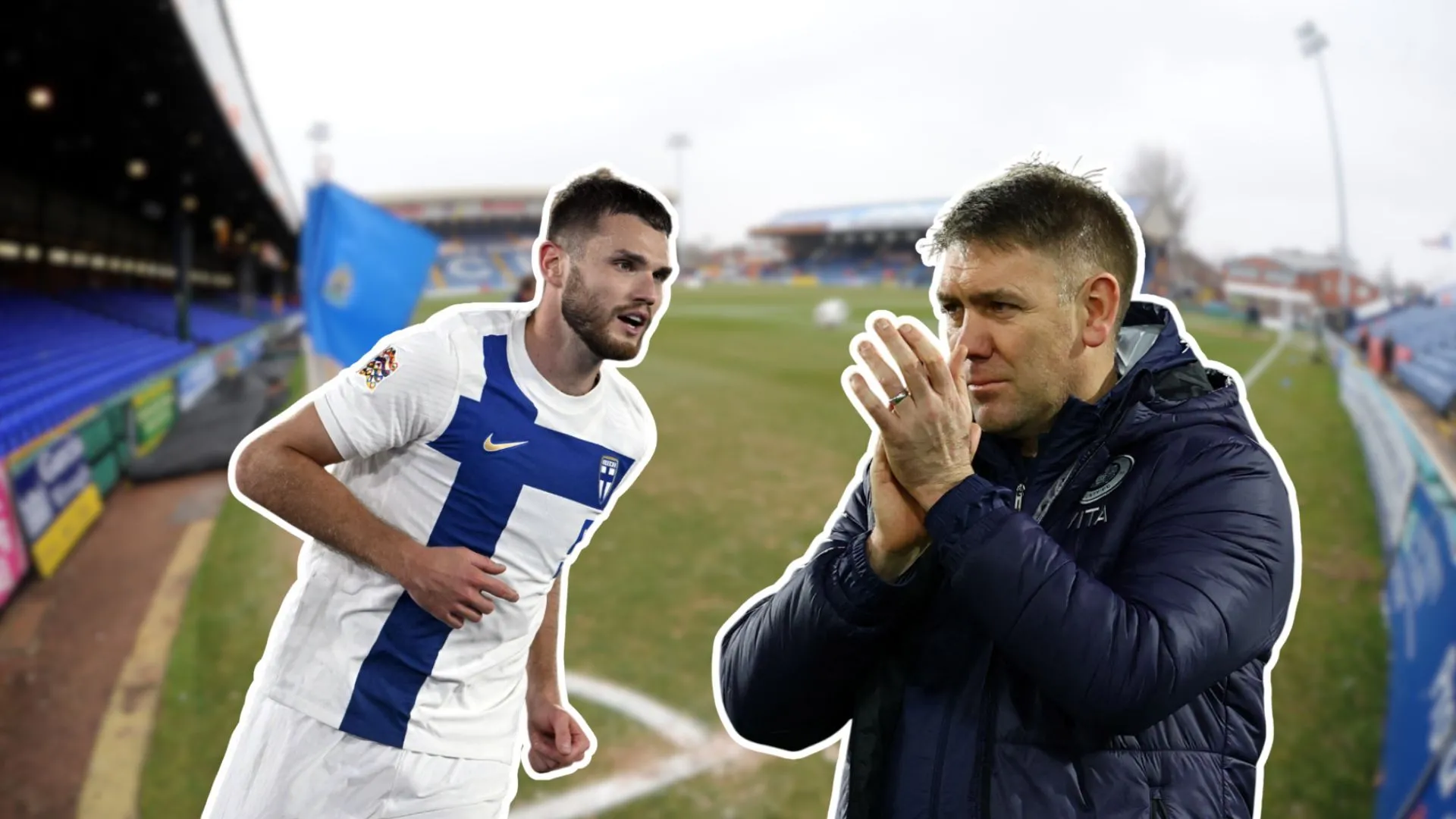 HLV Dave Challinor và cầu thủ Arttu Hoskonen của Stockport County tại Edgeley Park