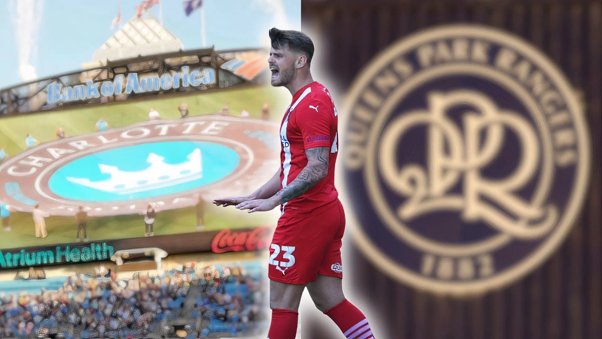 Tiền đạo Charlie Kelman đứng trước logo Charlotte FC và QPR, minh họa tin tức chuyển nhượng đang được đồn đoán